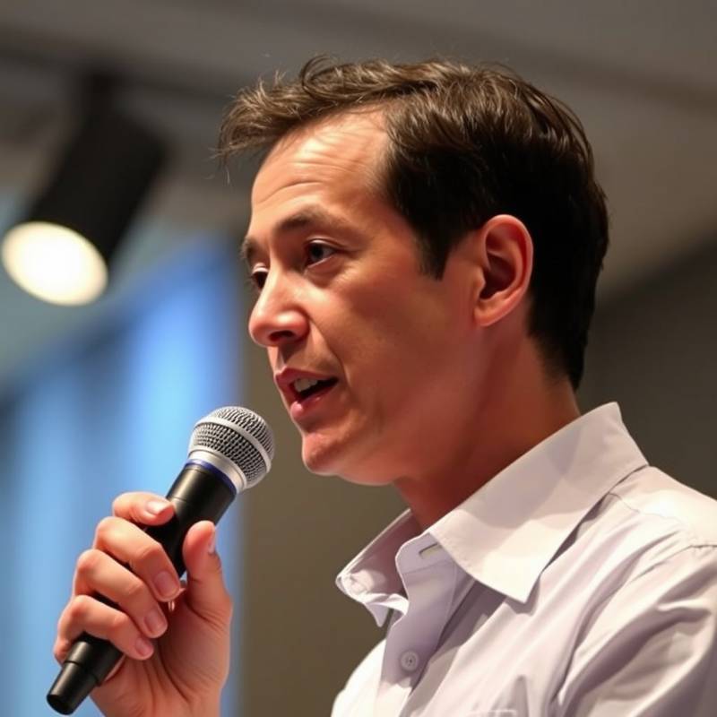 Person speaking into a microphone during a presentation